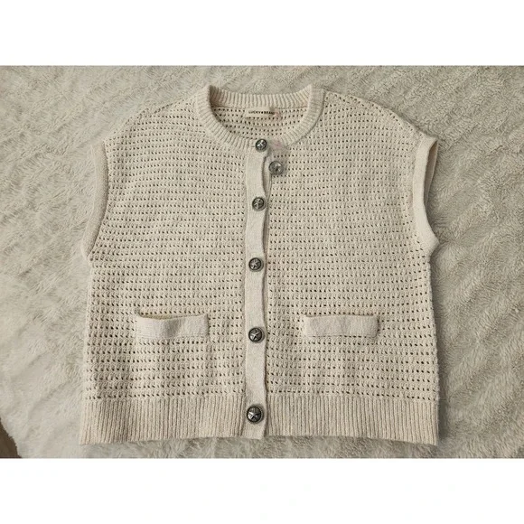 Lucky Brand Short Sleeve Knit Cardigan Cream Color Womens Medium Button Front - Picture 2 of 8